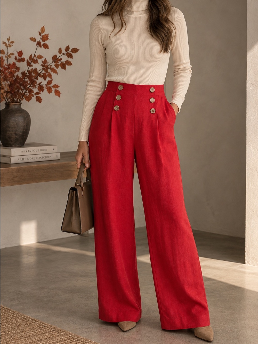 Ann Taylor Petite Wide Leg Sailor Pants Coral Red Women 8P High Rise Linen Blend